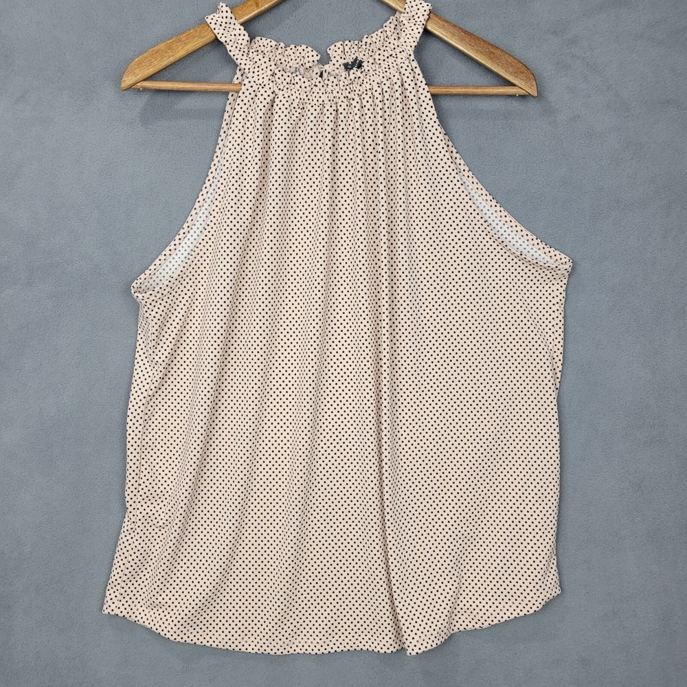 Adrianna Papell Blouse Womens L Halter Top Peach Black Polka Dot Ruffle Detail‎